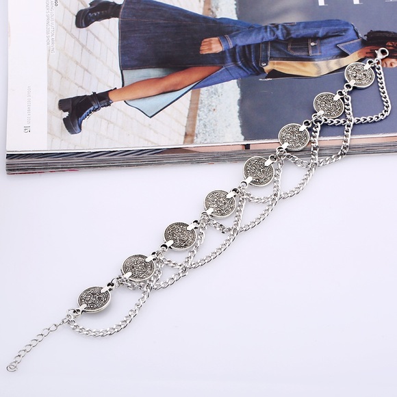 Bohemian Silver Coin Tassel Anklet - Picture 6 of 13